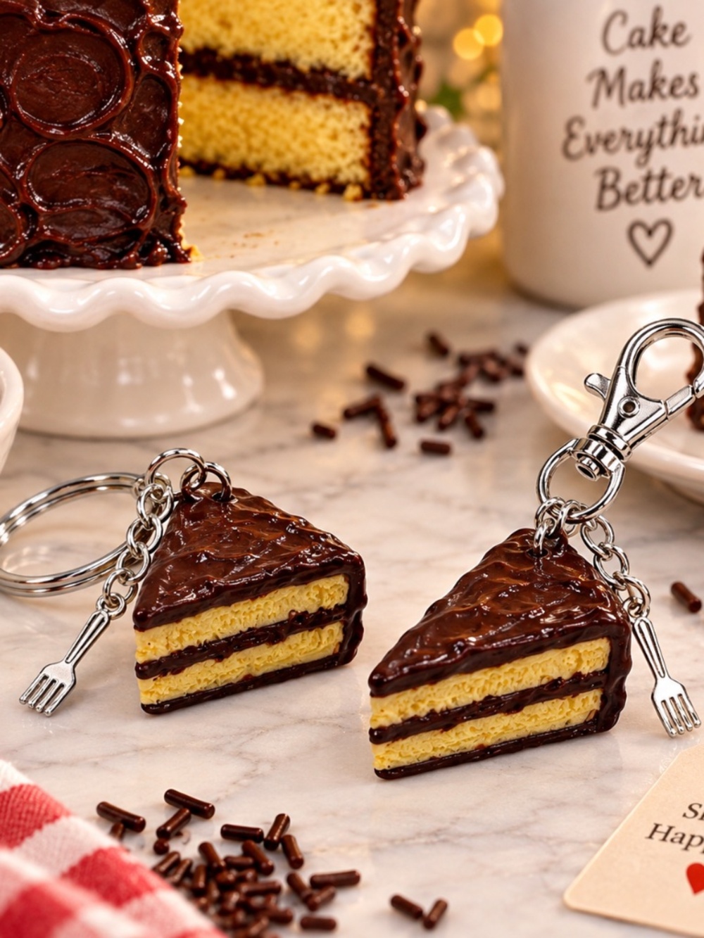 Handmade Yellow Cake with Chocolate Icing/Frosting Keychain or Bag Clip